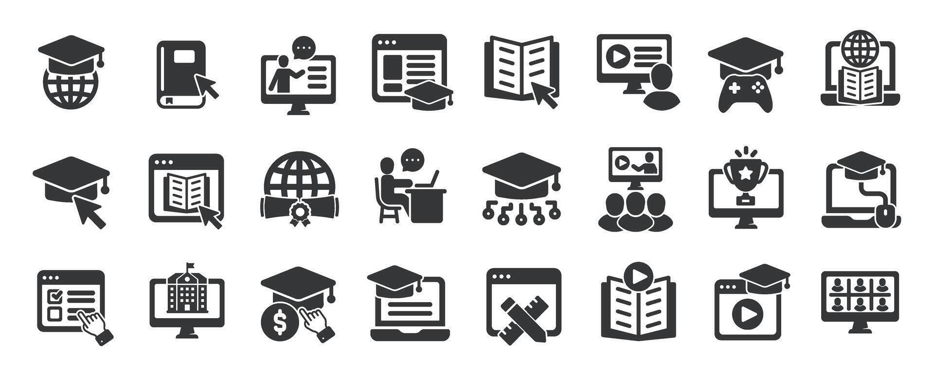 Online education glyph solid icons collection. Containing e-learning, school, education, study, diploma. For website marketing design, logo, app, template, ui, etc vector