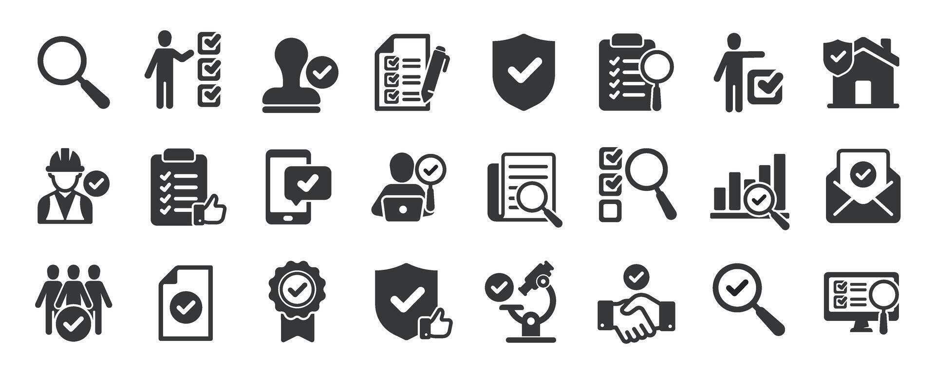 Inspection glyph solid icons collection. Containing survey, polling, review, research, analysis vector