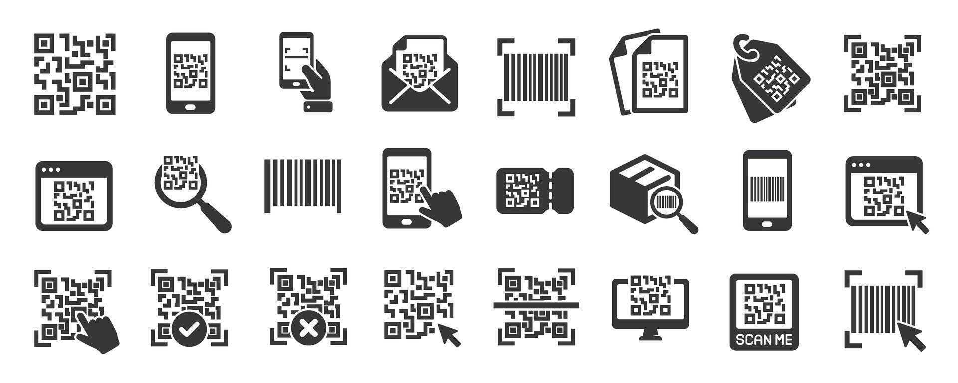 QR Code glyph solid icons collection. Containing barcode, identity, identification, digital vector