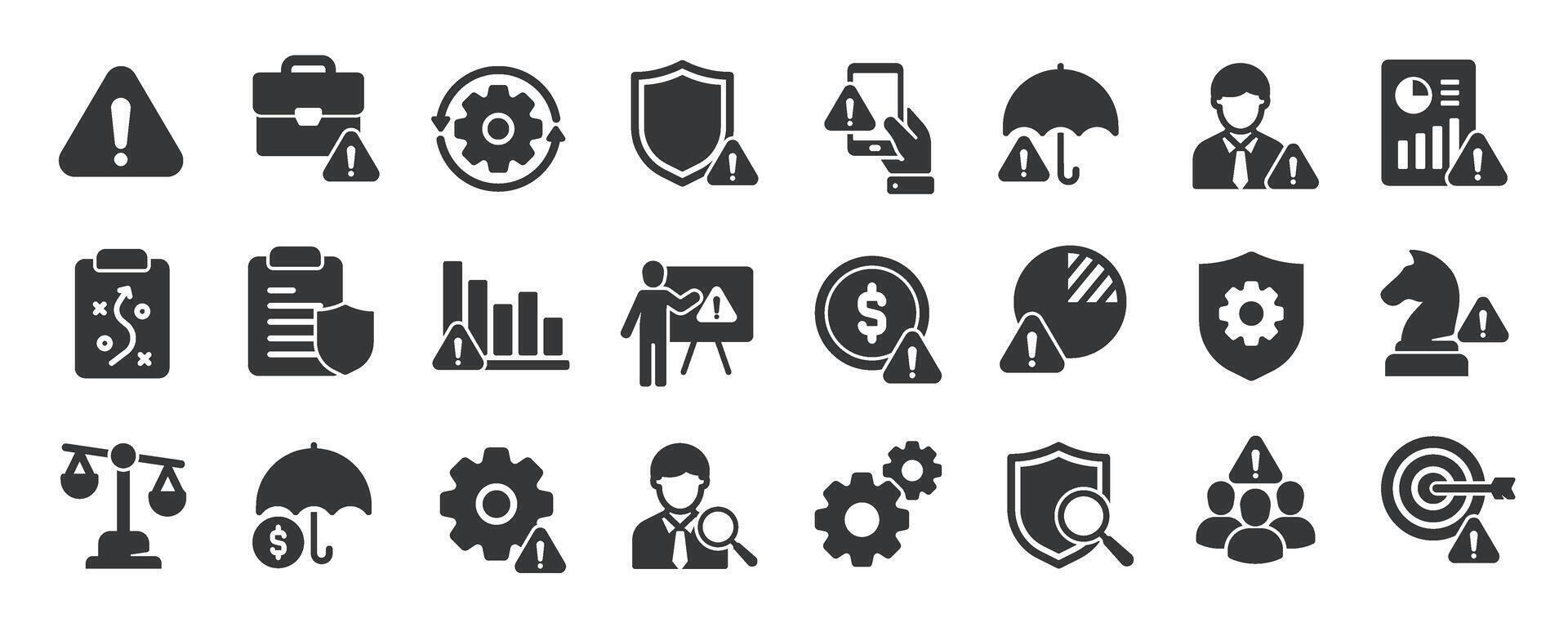 Risk management glyph solid icons collection. Containing management analysis, strategy, identify, finance protection vector