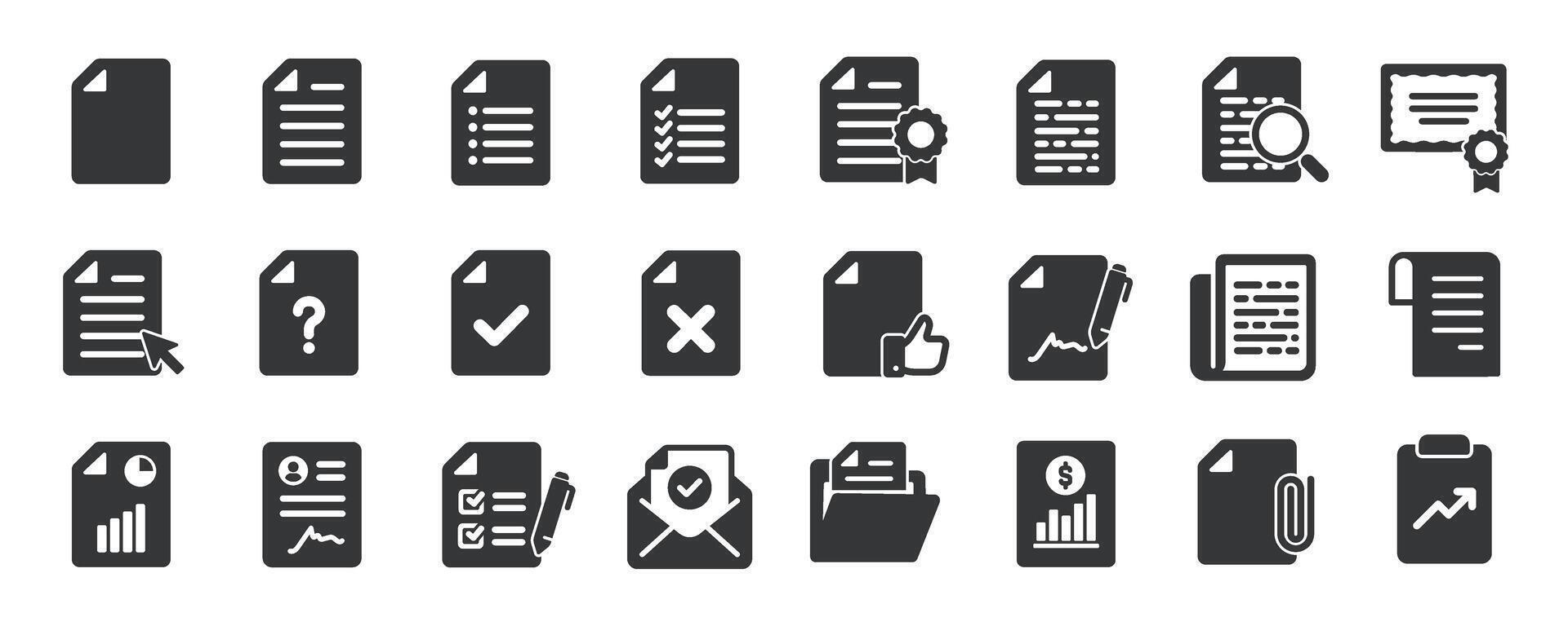 Documents glyph solid icons collection. Containing legal, clipboard, file, report, form, writing, paper vector