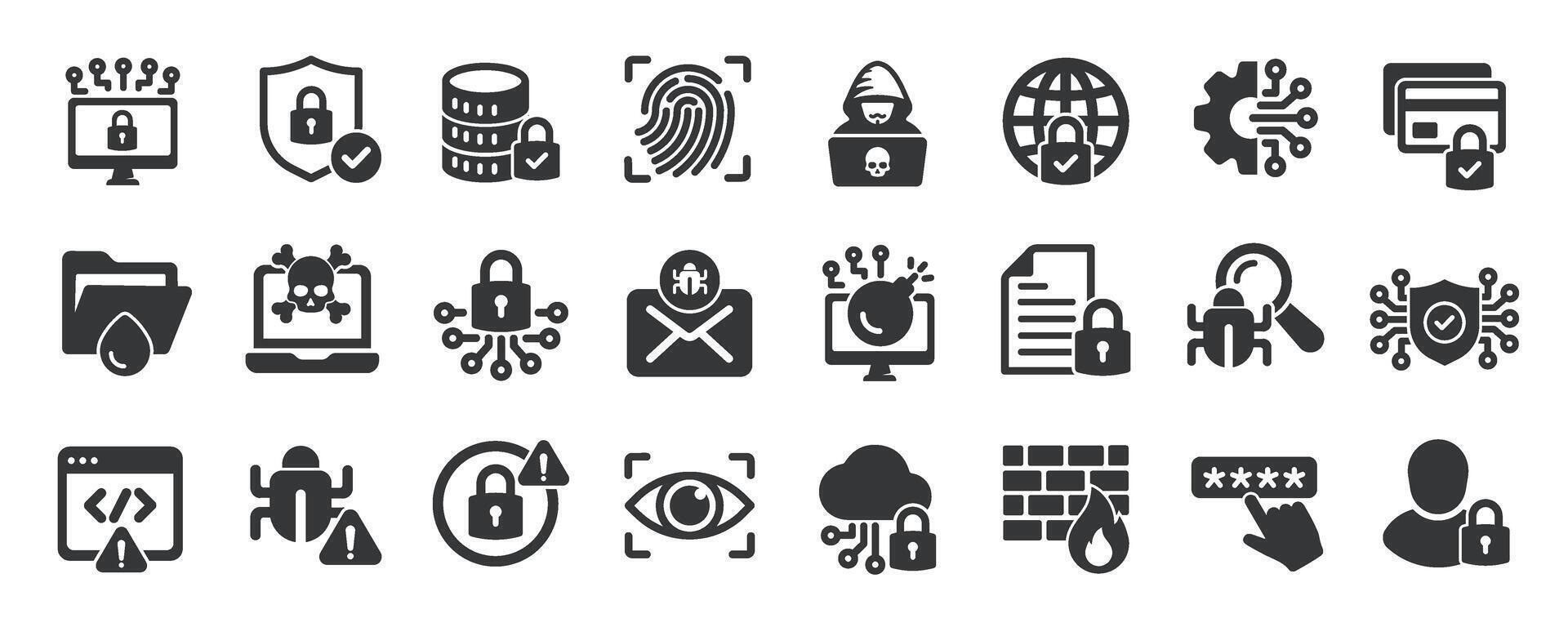 Cyber security glyph solid icons collection. Containing privacy, protection, access, encryption, network vector