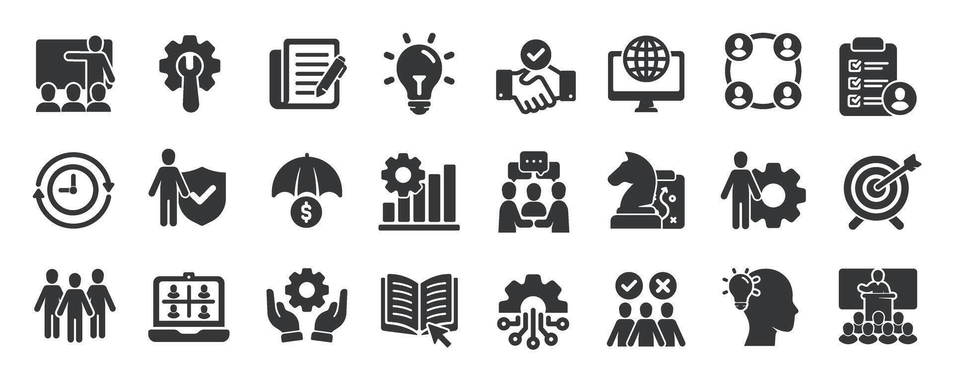 Workshop glyph solid icons collection. Containing consultation, coaching, leadership, marketing, presentation vector