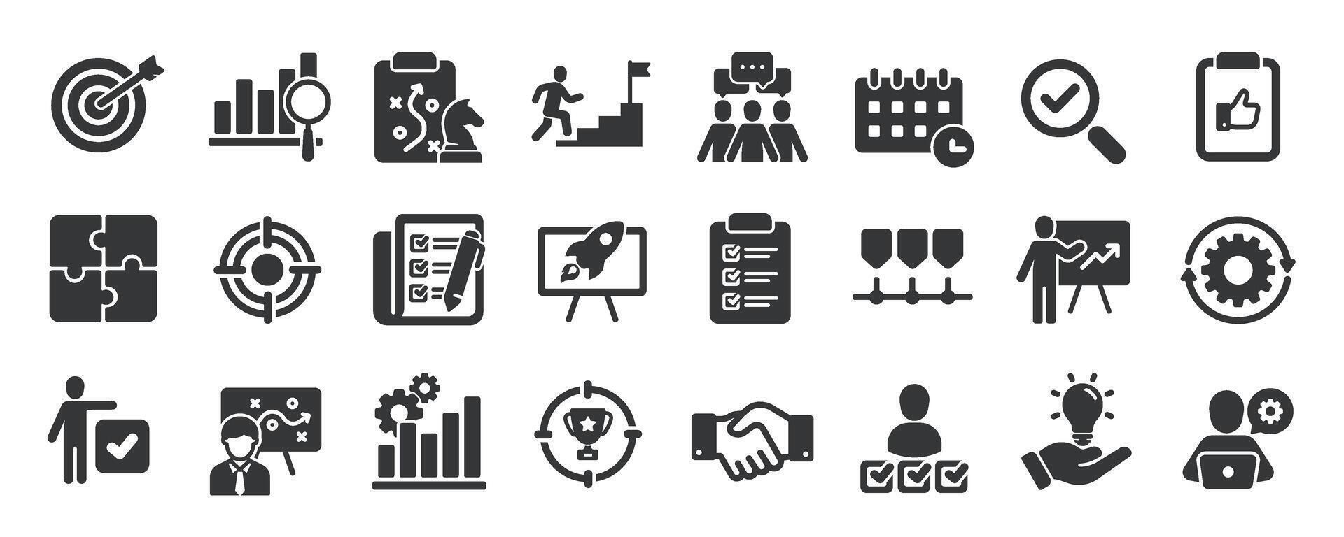 Action plan glyph solid icons collection. Containing planning, process, management, strategy vector