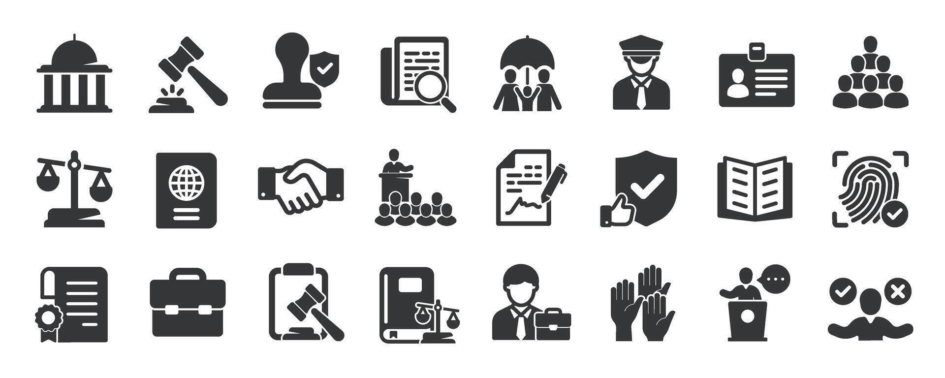 Court glyph solid icons collection. Containing judgement, justice, lawyer, investigation vector