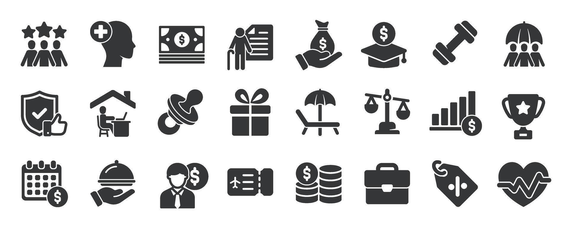 Employee benefits glyph solid icons collection. Containing bonus, incentive, career, reward, promotion vector