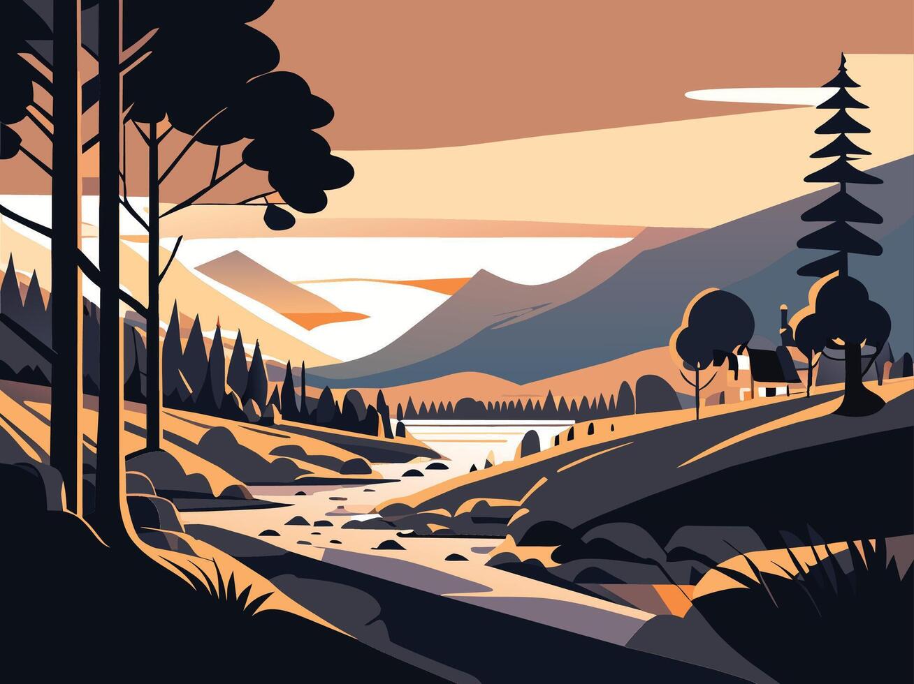 monochromatic landscape illustration art concept lake forest vector