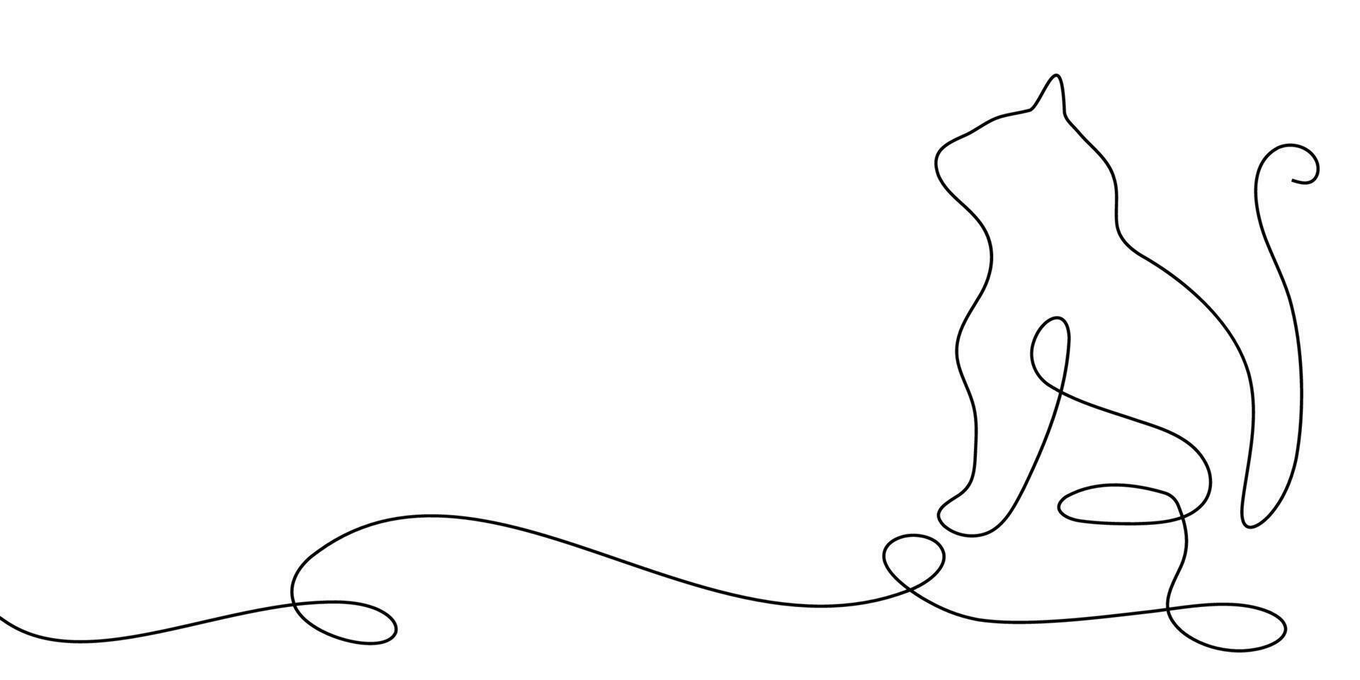 Continuous line cat sketch drawing outline pet one animal draw. Cat two line happy 2 couple doodle kitten white black background cute illustration friendship clipart silhouette contour back art vector
