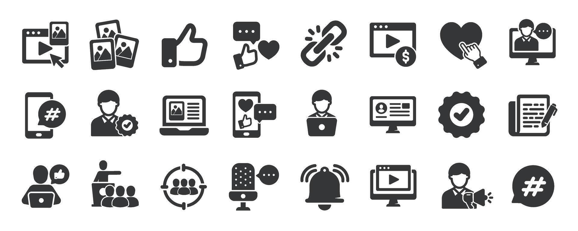 Influencer glyph solid icons collection. Containing content creator, blogger, social media, ambassador vector
