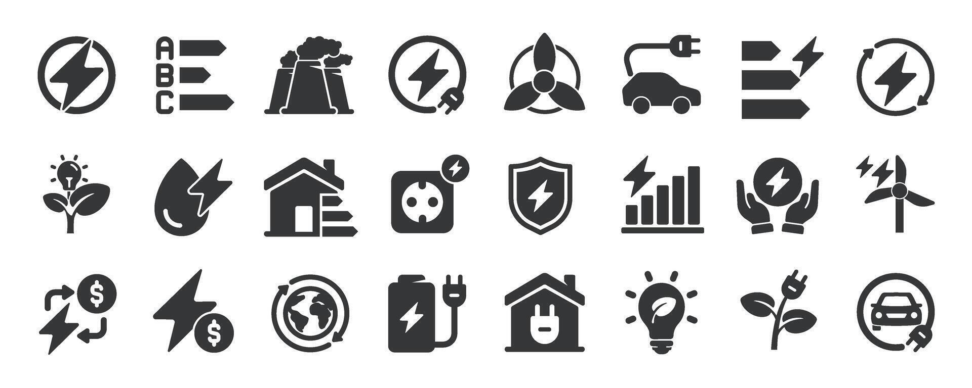 Energy efficiency glyph solid icons collection. Containing content green energy, environment, ecology, renewable, electricity vector