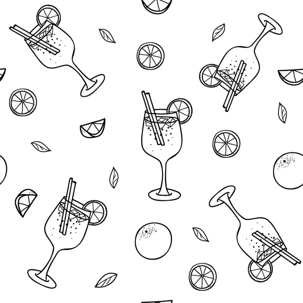 Aperol Spritz Cocktails graphic Seamless pattern. Hand drawn illustration of aperol drink glass with orange fruit and slice in Doodle style. For restaurant menus, bar design. vector