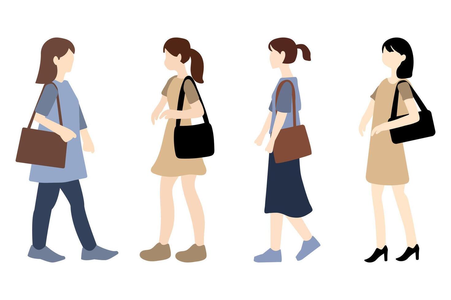 Variety of Woman Walking With Shoulder Bag Set Design vector