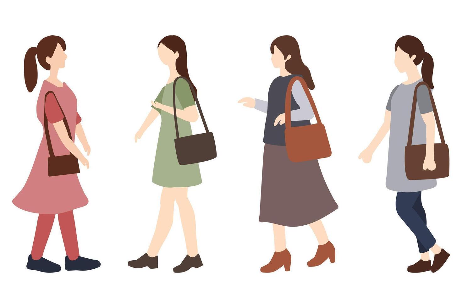 Woman Walking With Shoulder Bag Set Design vector
