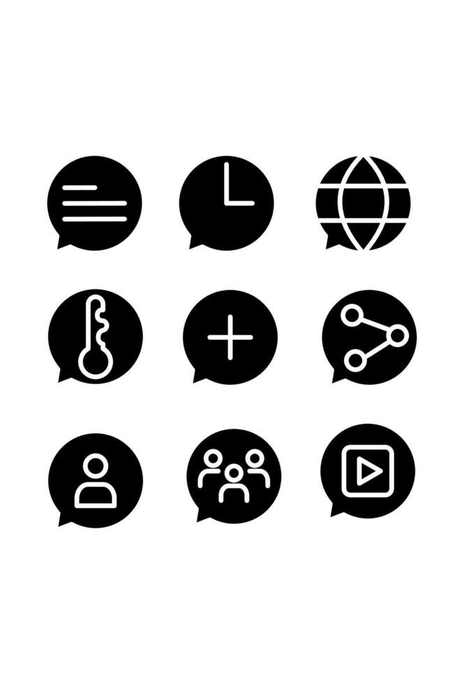 Minimalist glyphs in speech bubbles, representing common digital actions. UI symbols. time, globe, share, and user profiles in monochrome vector