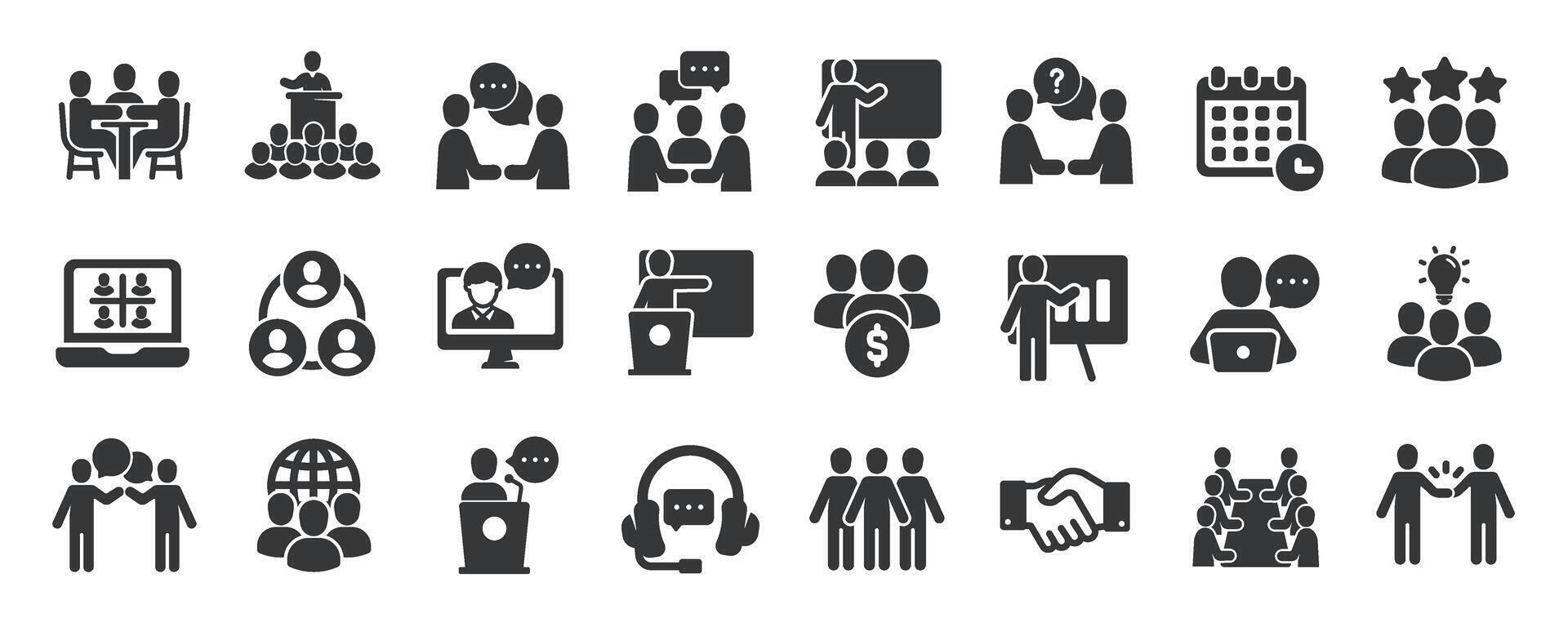 Meeting glyph solid icons collection. Containing business, training, seminar, teamwork, workshop. For website marketing design, logo, app, template, ui, etc vector