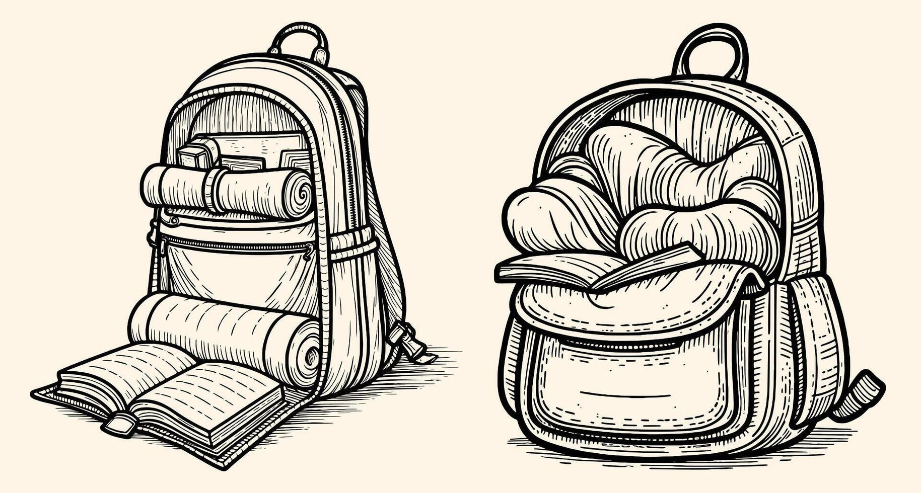 Antique Style Backpack and Book Sketch Set for Back to School Adventure vector