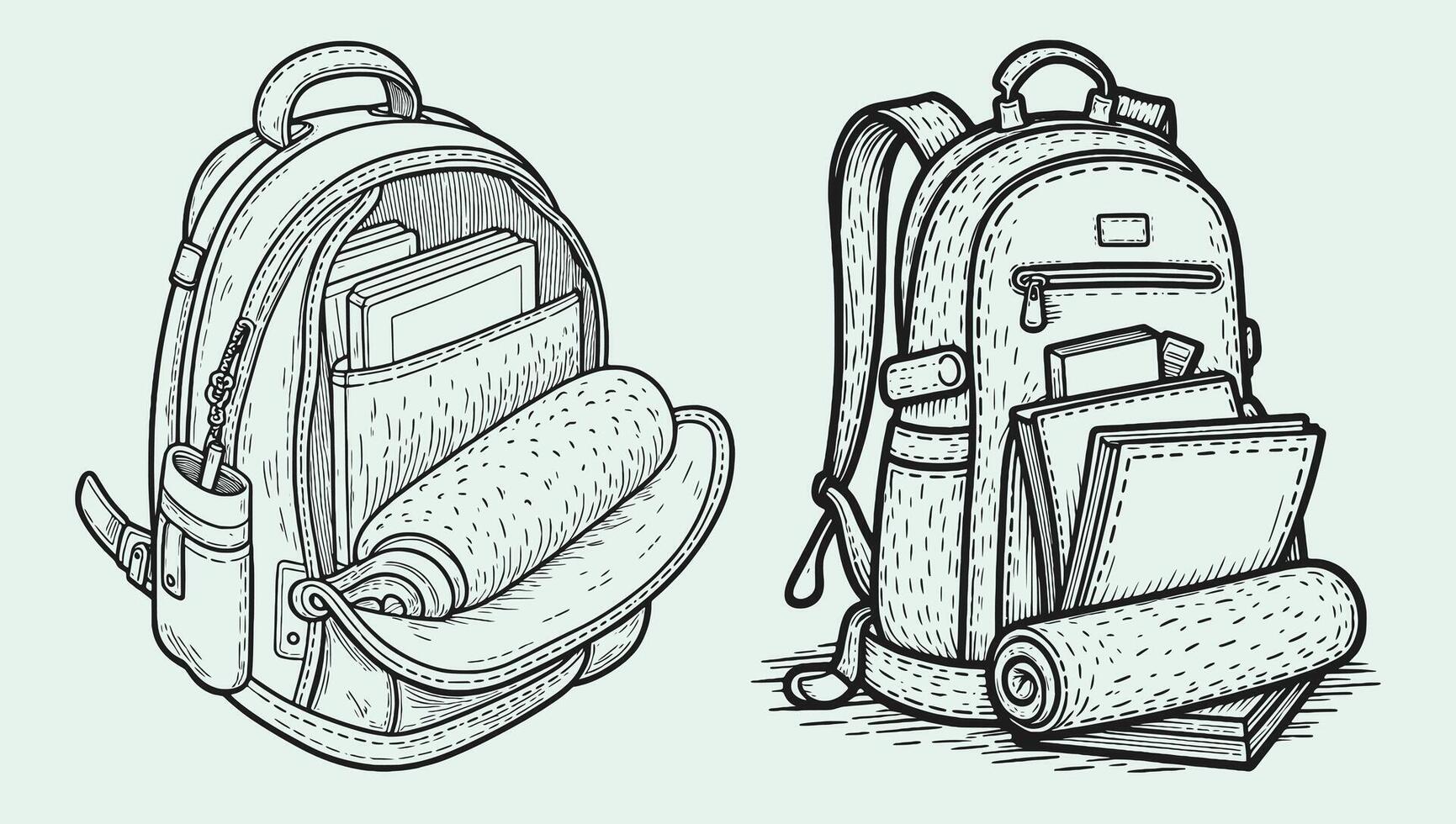 Retro Sketch of School Bag with Books, Papers, and Scrolls vector
