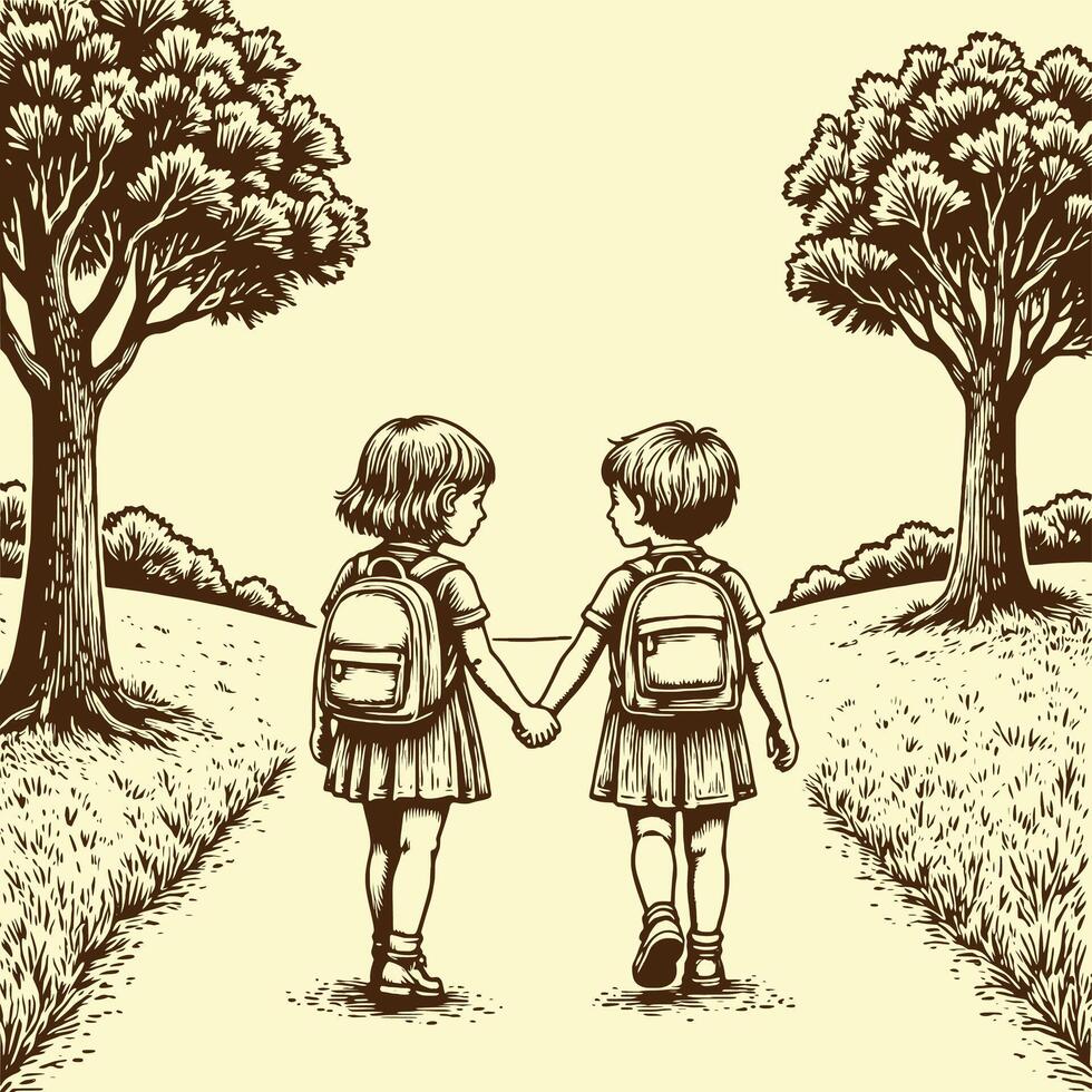 Students Walking Hand in Hand on a Scenic Path with Backpacks for Back to School Adventure vector