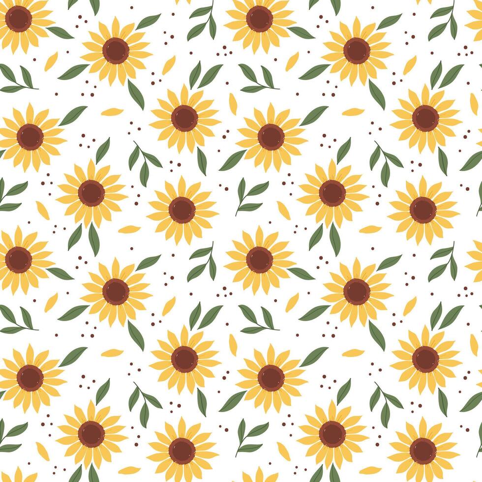 Seamless pattern with sunflower and green leaves on white background. vector