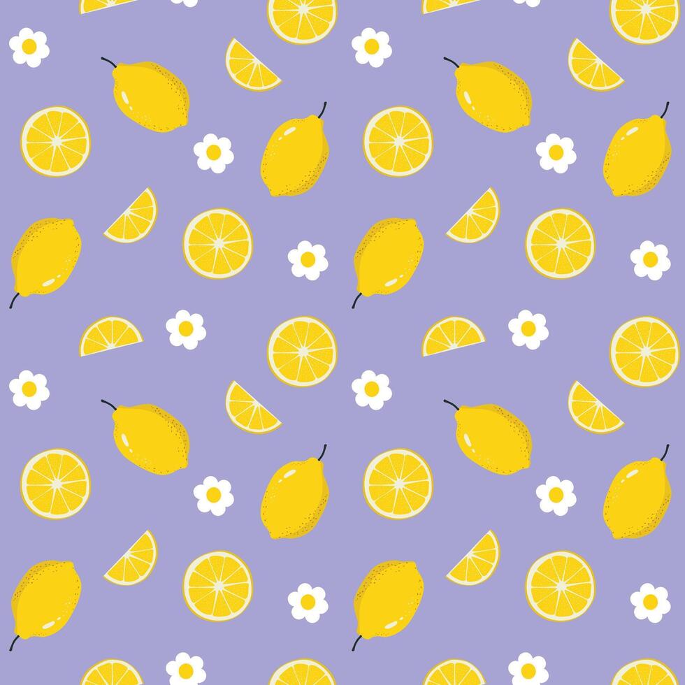 Summer seamless pattern with lemon, lemon slice, white flowers in flat style, purple background. vector