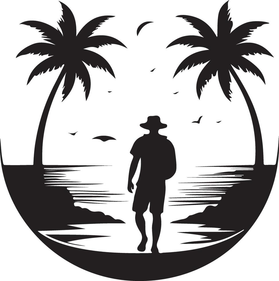 Silhouette of a traveler amidst tropical scenery. vector
