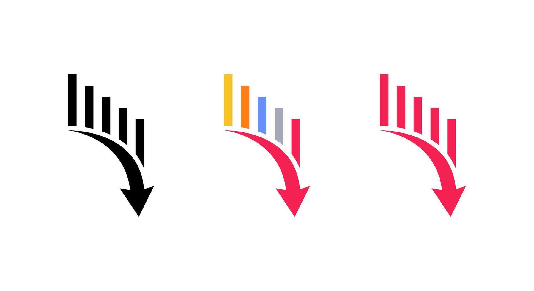 Bar chart collapse icon with downward arrow. Decline and negative trend sign symbol vector