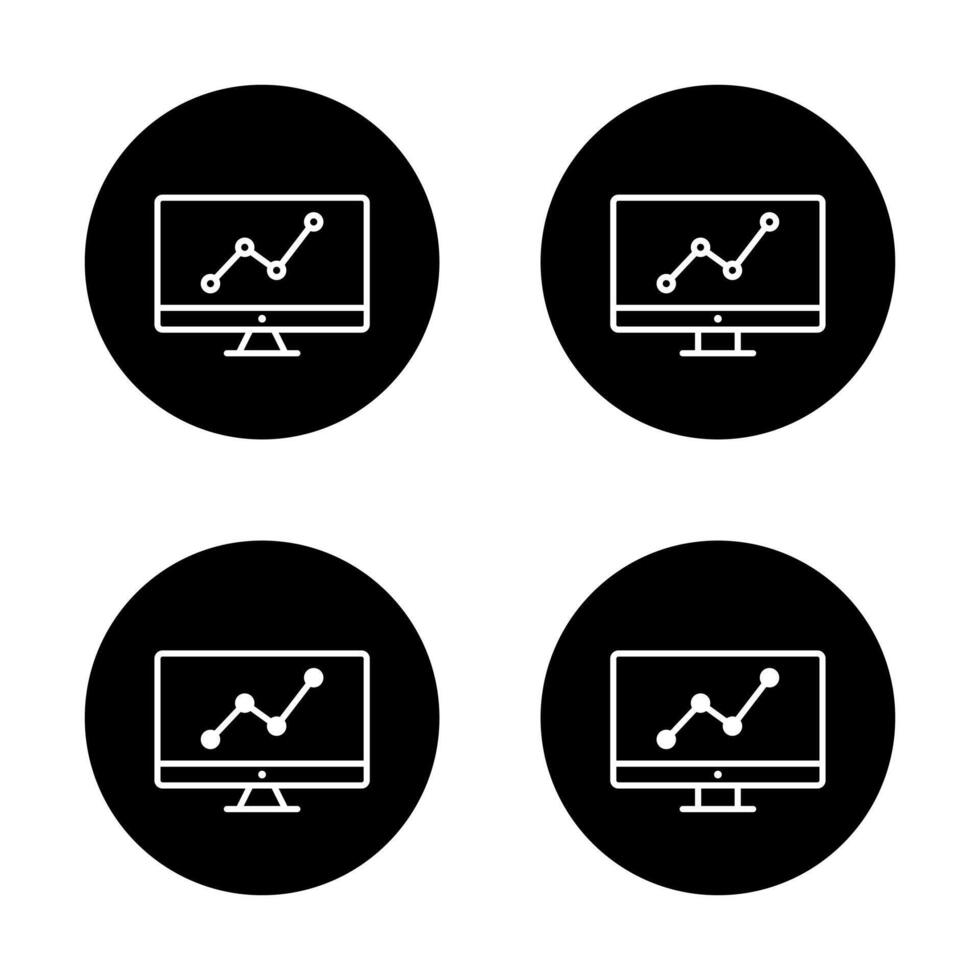 Line chart with computer screen icon. Statistics report symbol on black circle vector