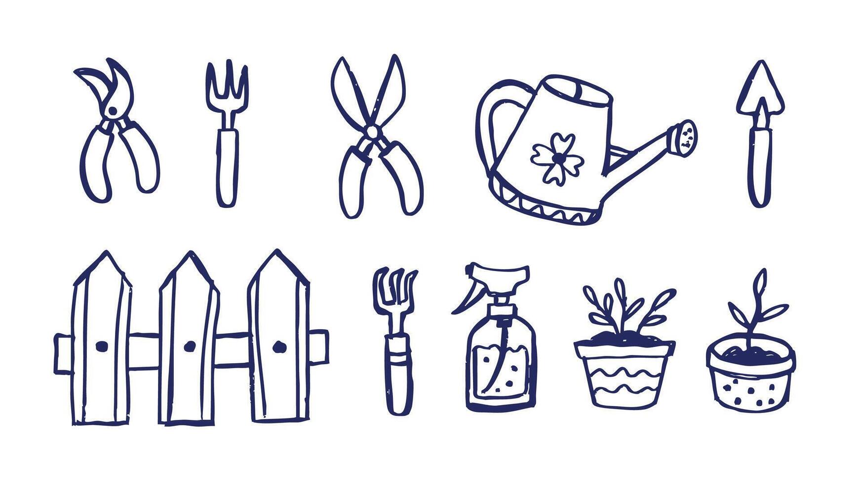 Collection of Gardening Tools Simple Hand drawn vector