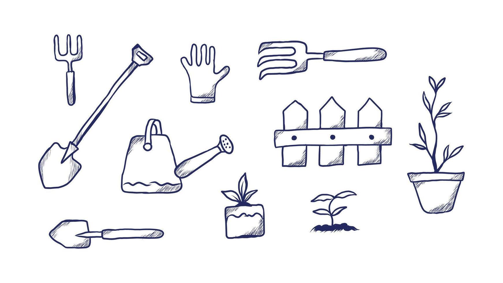 Collection of Gardening Tools Doodle Hand drawn vector
