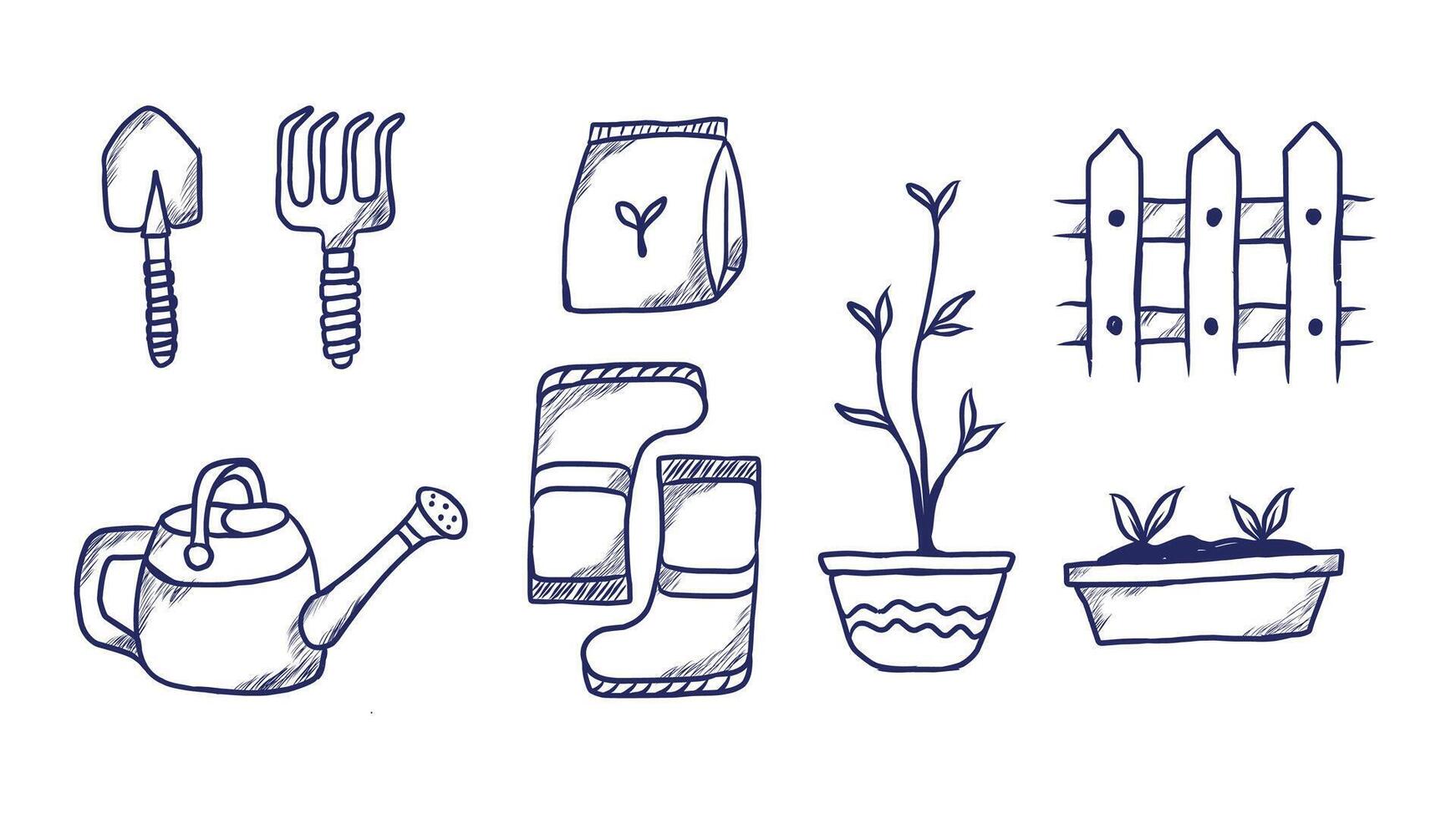 Set of Gardening Tools Doodle Hand drawn vector