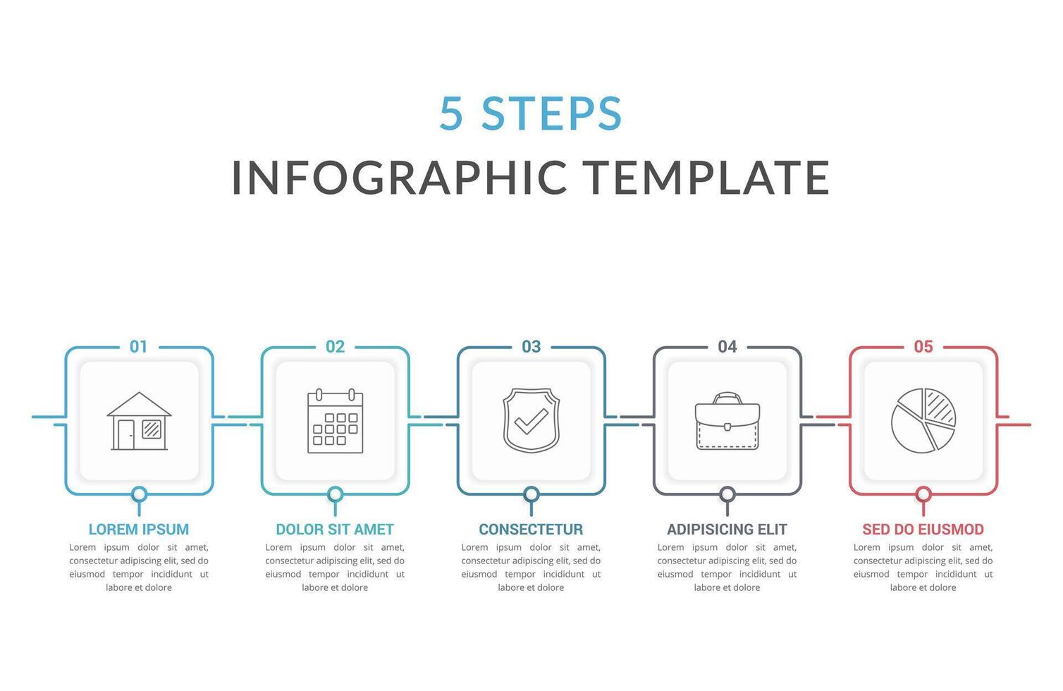 Infographic template with five squares with text and line icons, process diagram, workflow, five steps or options vector