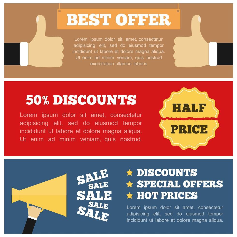 Best offer, half price and sale banners, flat design vector