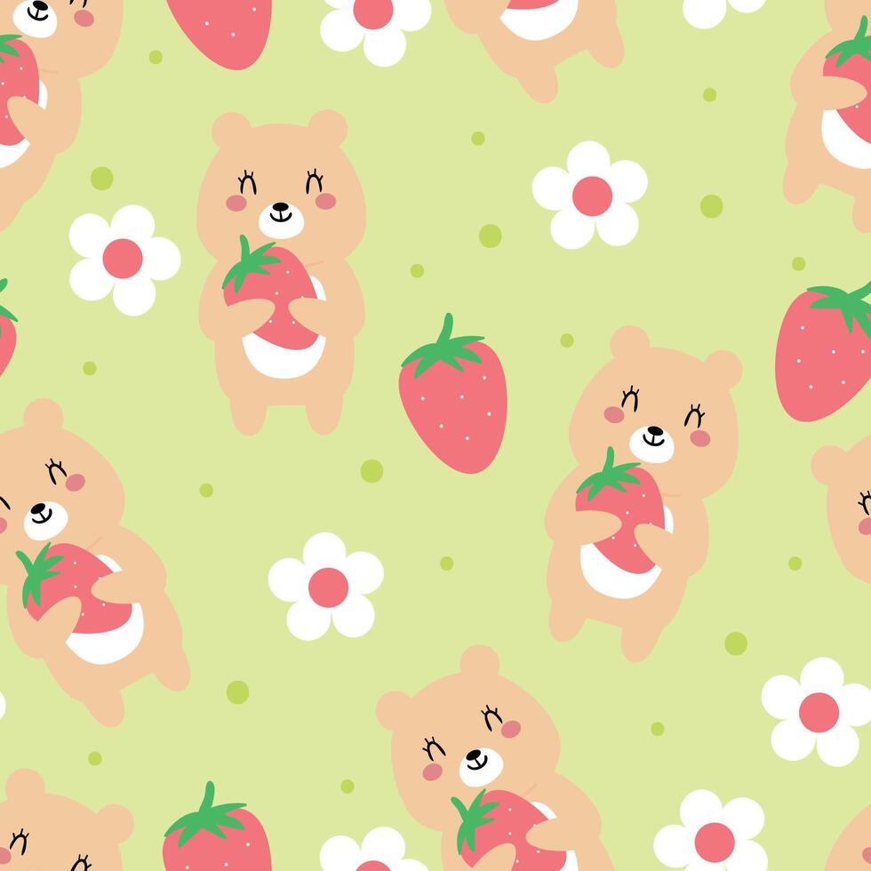 Cute bears holding strawberries on green vector