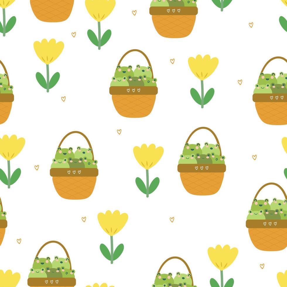 cute drawing cartoon frog with flowers and leaves in the basket, seamless pattern. animal pattern in white background for wallpaper vector
