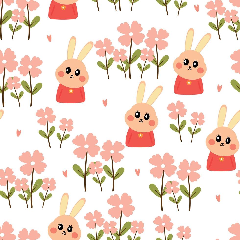 Cute drawing cartoon rabbit with flowers and leaves seamless pattern. animal pattern in white background for wallpaper vector