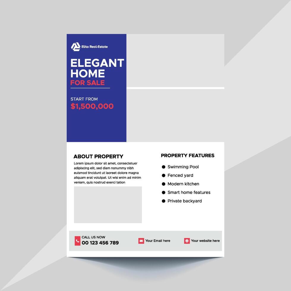 Home Sale Professional Flyer For Real Estate Agency.Stunning real estate flyer template for promoting home sales and boosting client interest. vector