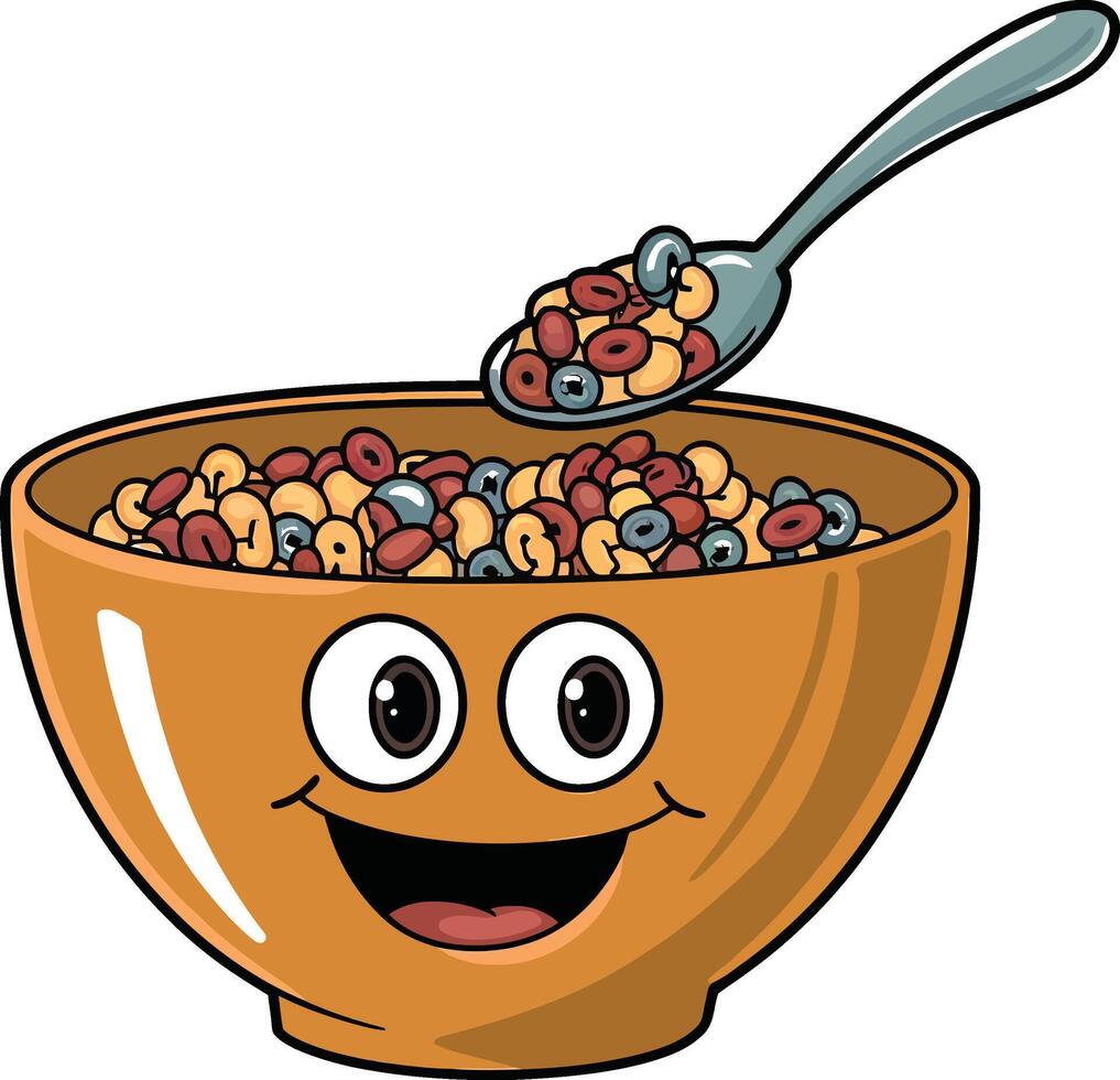 Happy cartoon bowl of cereal with a spoon vector