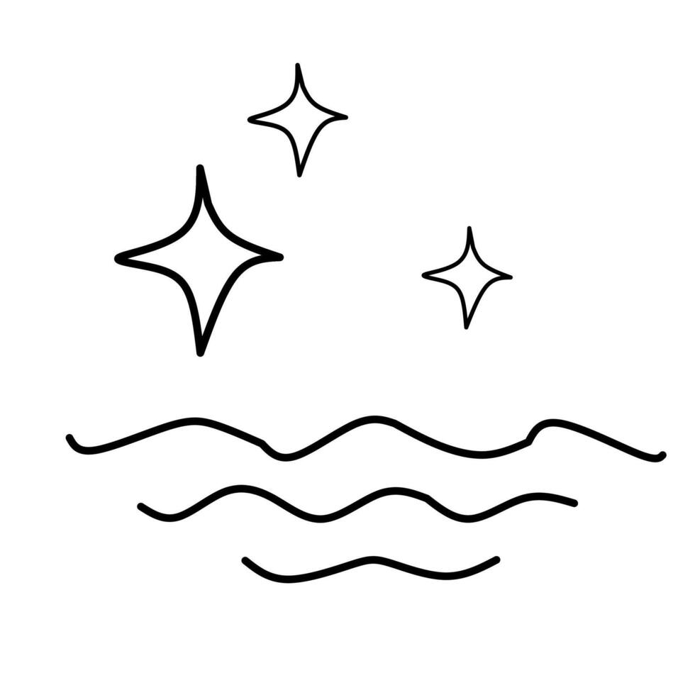 A black and white drawing of waves and stars vector