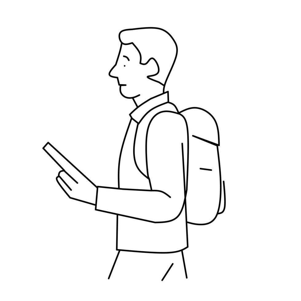 A basic line drawing of a man with a backpack, looking at his phone or device. Suggests travel, technology use, or searching for information. vector