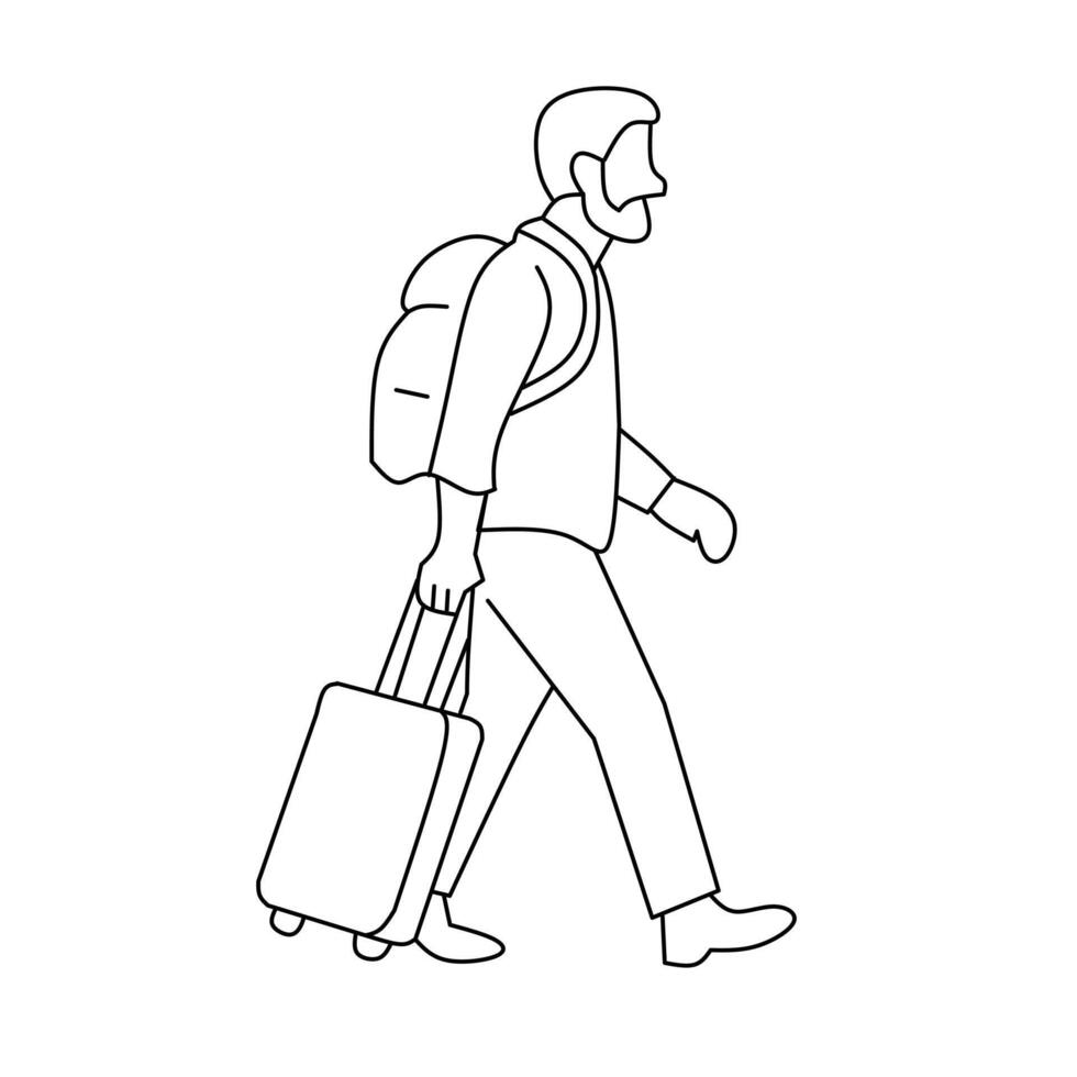 A simple line drawing of a bearded man walking with a backpack and pulling a rolling suitcase. Represents travel and going on a trip. vector