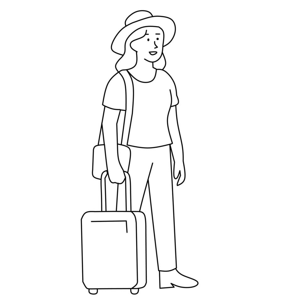 A simple line drawing of a woman wearing a hat, pulling a rolling suitcase and with a shoulder bag. Represents travel and going on a trip. vector