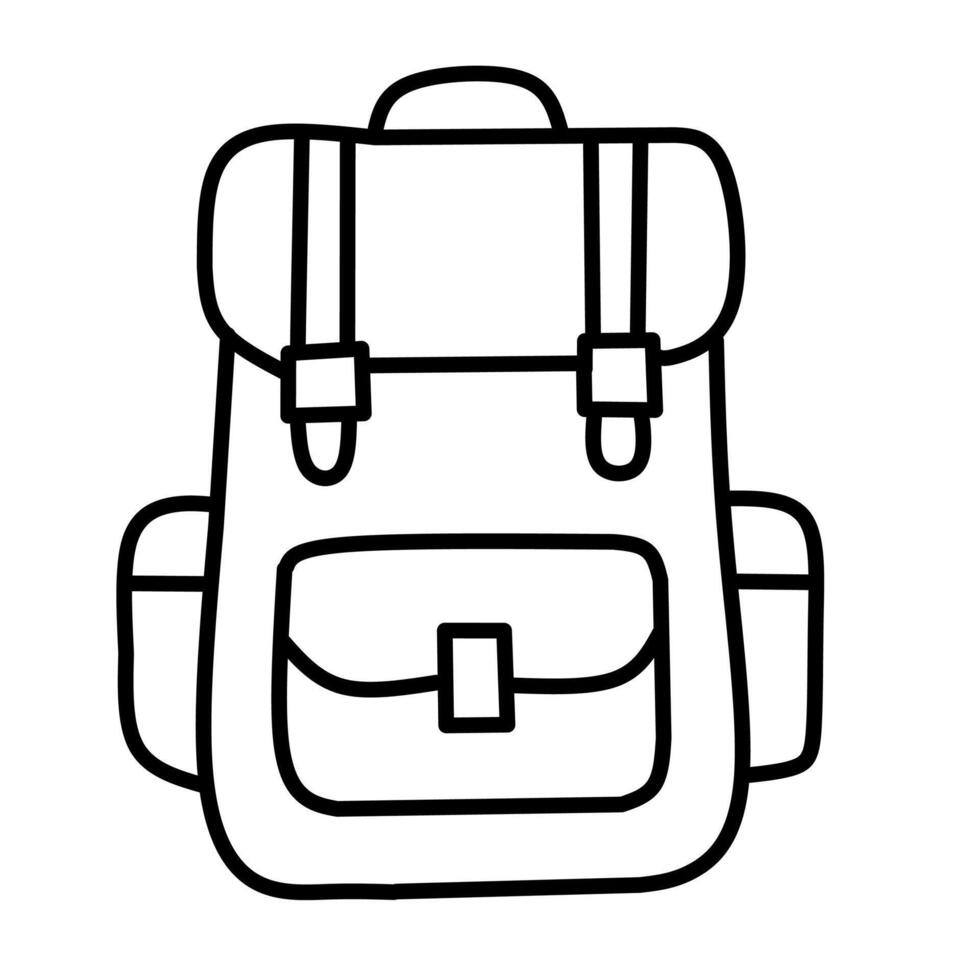 A simple line drawing of a backpack with straps and pockets. Represents travel, adventure, school, or carrying belongings. vector