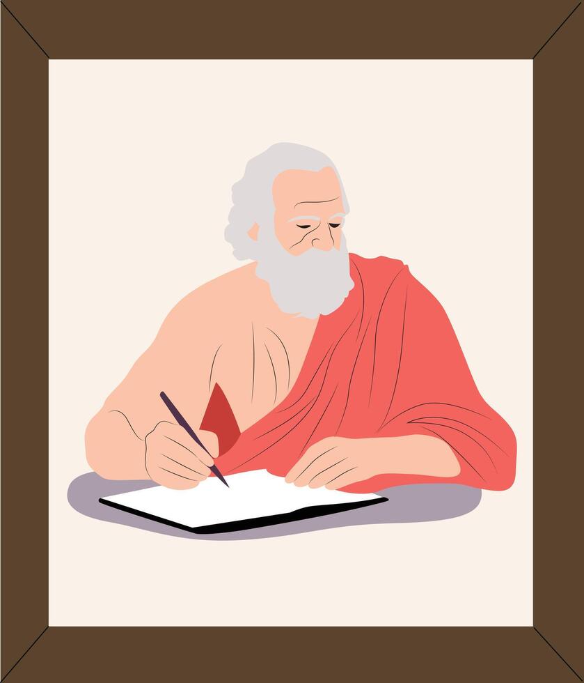 A man with a beard and a red robe writing on a piece of paper vector