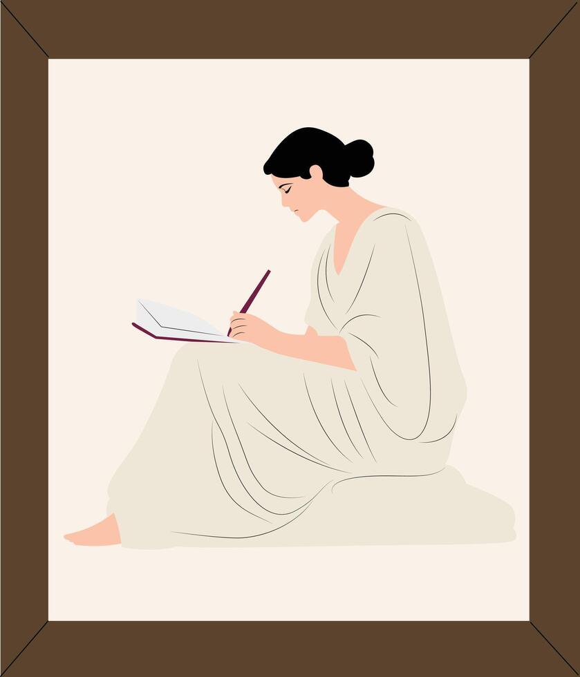 A woman in a white dress is writing on a piece of paper vector