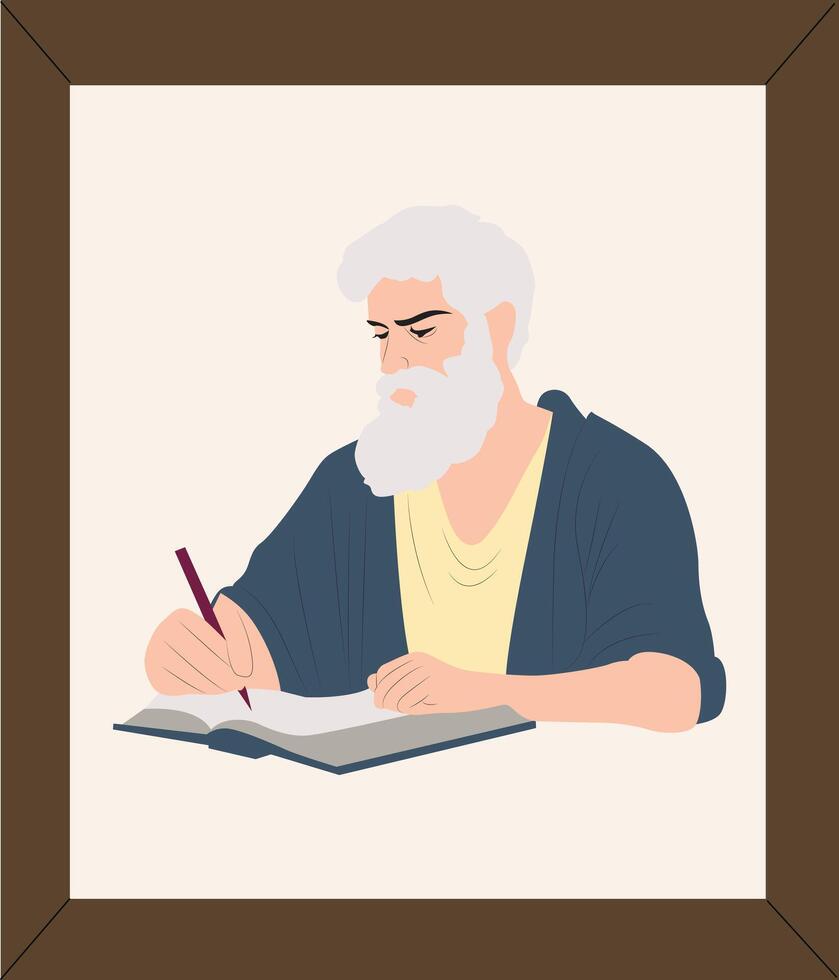 A man with a beard and a pen is writing in a book vector