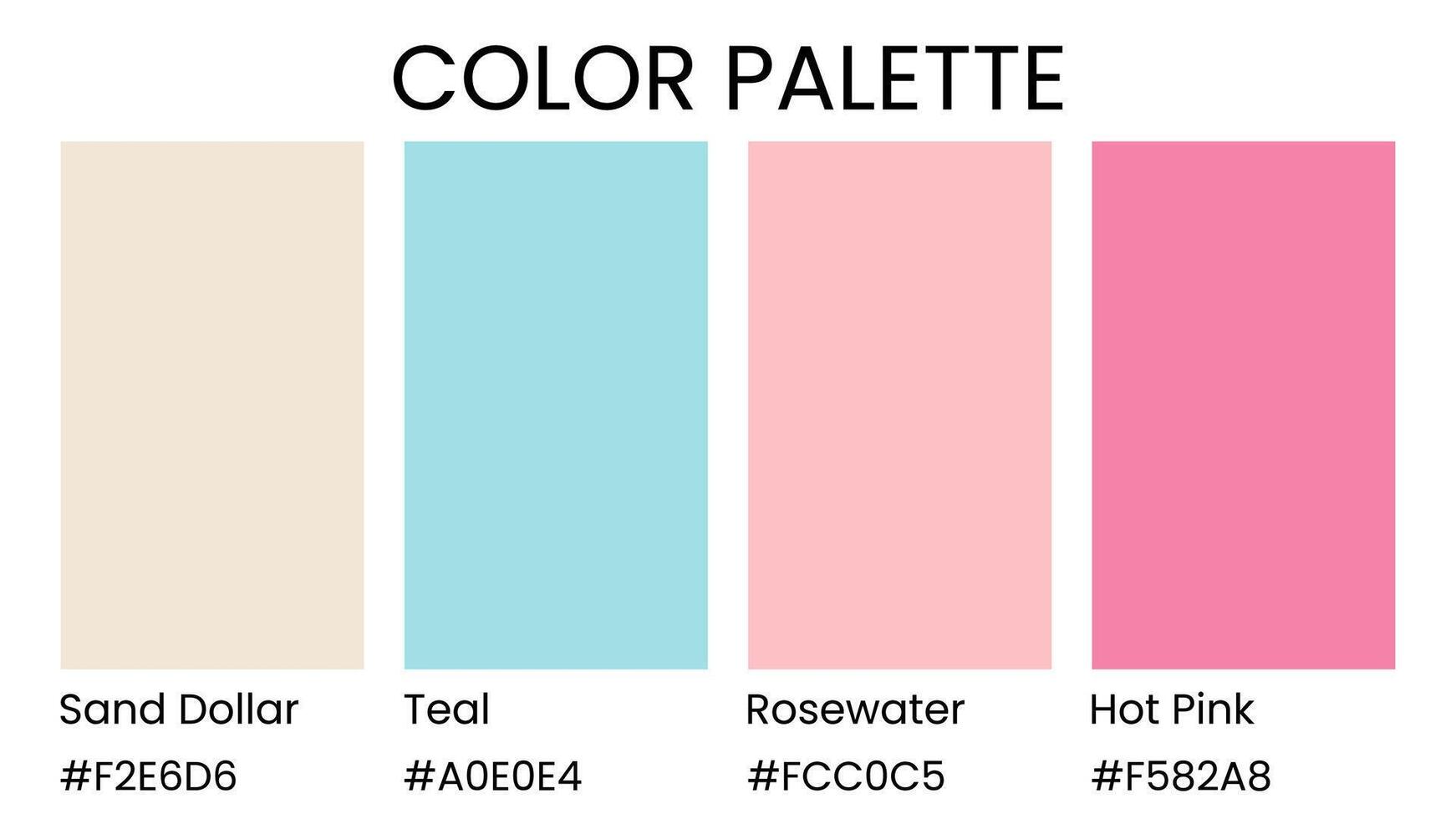 Sand Dollar, Teal, Rosewater, Hot Pink color palette. Set of bright color palette combination in rgb hex. Color palette for ui ux design. Abstract illustration for your graphic design, banner, poster vector