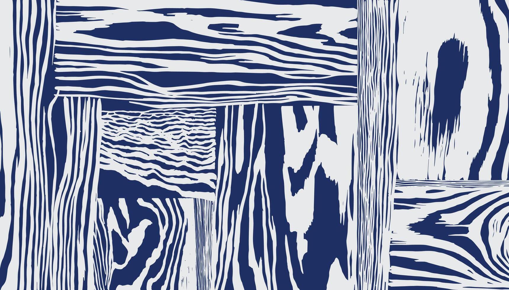 Hand drawn brush lines abstract wood grain pattern white and blue, patchwork wavy lines monochromatic wood veneer background, naturalistic graphic for textile, decoration, carpet vector
