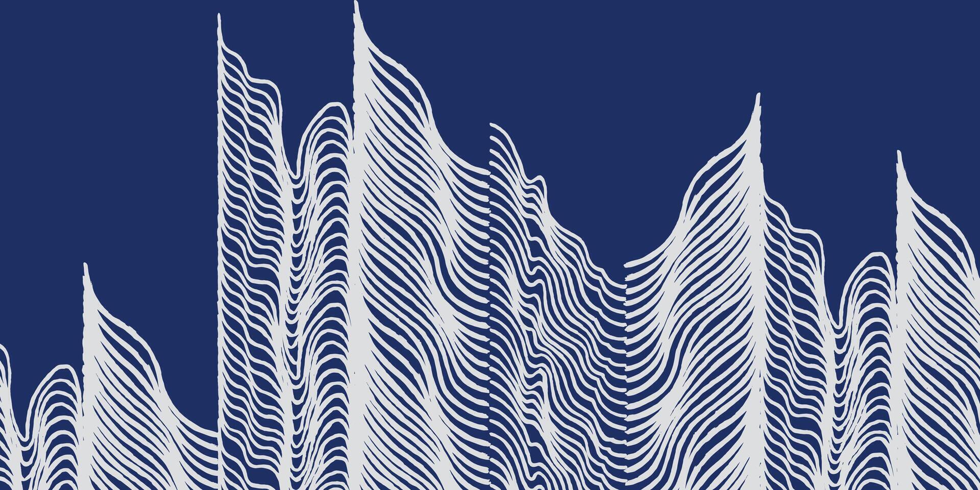 Hand drawn organic wavy brush lines abstract flowing water, Japanese zen pattern motif in blue and white, serene topographical effect graphic for textile, carpet and design vector