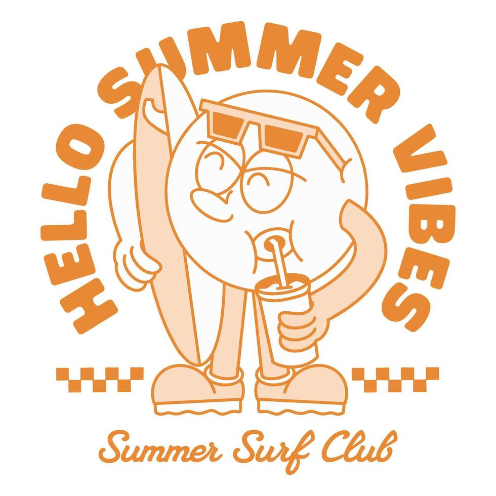 Hello Summer, Groove beach cartoon. Summer retro cartoon character tee design. Old school cartoon graphic for print. vector