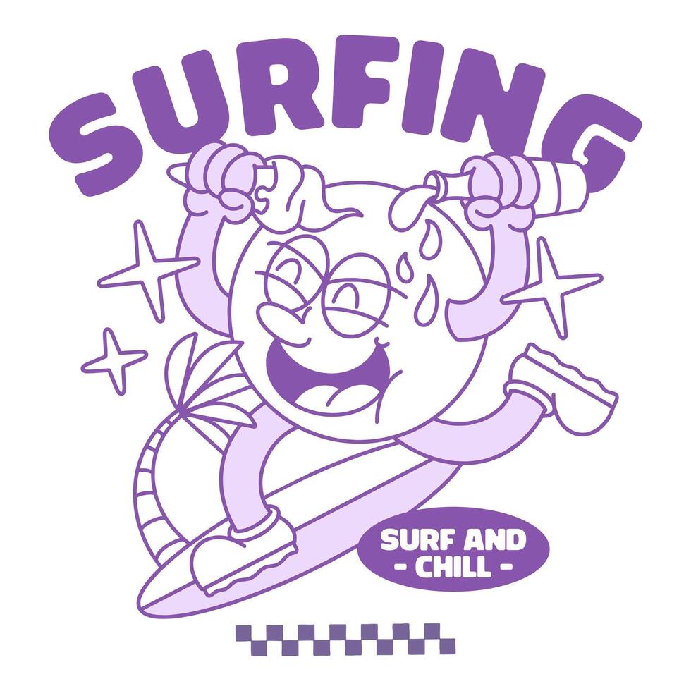 Surfing cartoon character summer retro t-shirt design. Groove beach cartoon style. Old school graphic tee print. vector
